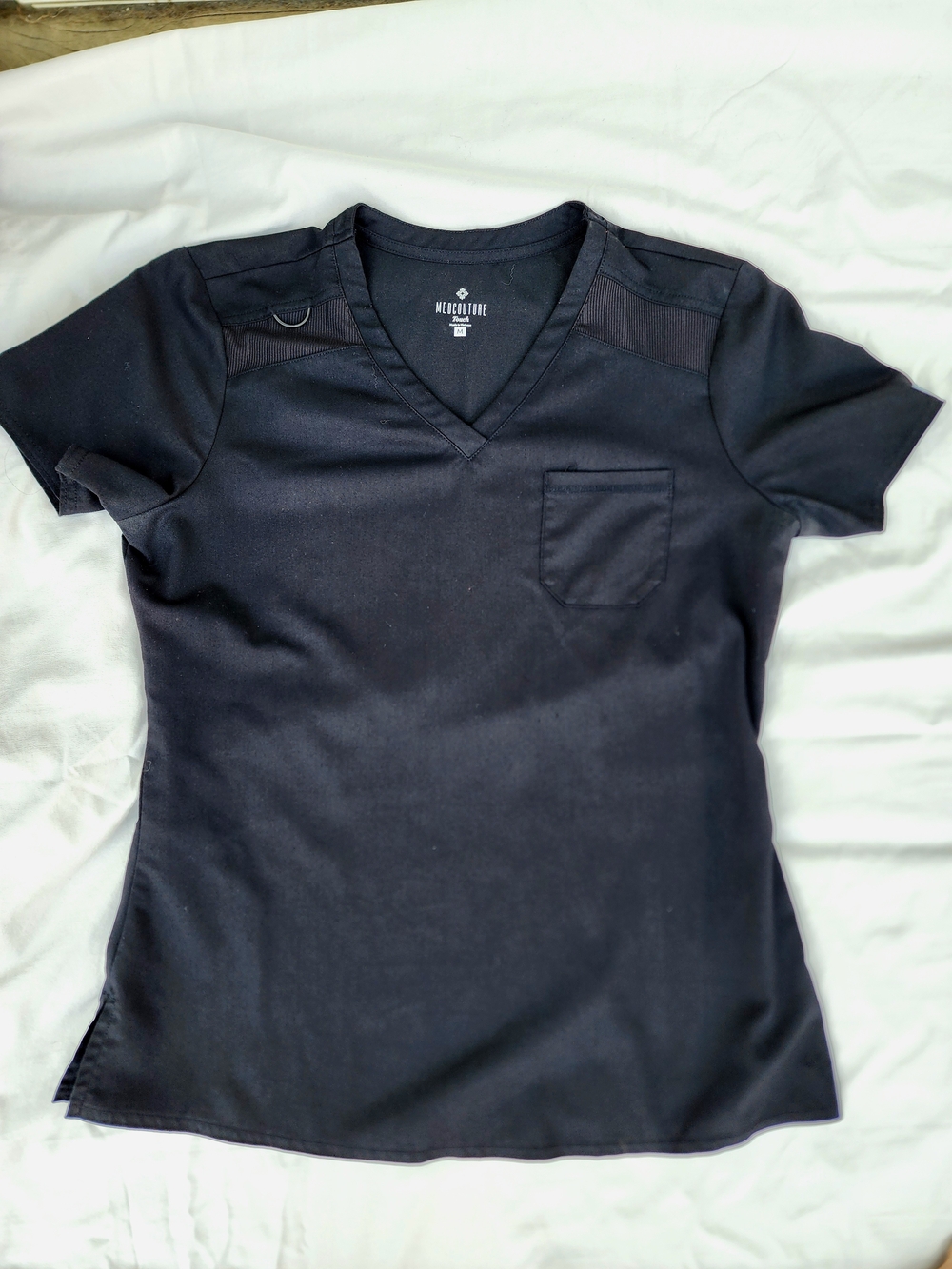 Med Couture Touch Black V-Neck Short Sleeve Scrub Top with Chest Pocket